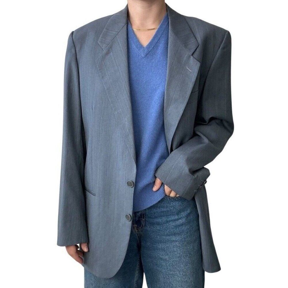 Yves Saint Laurent Mens YSL Slate Blue Striped Wool Sport Coat Blazer 44R